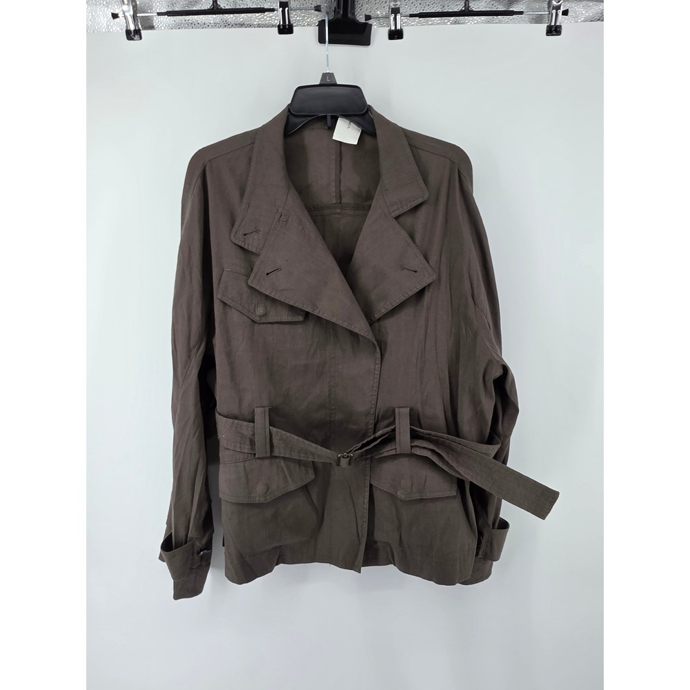Vince Womens Linen Blend Belted Utility Safari Jacket Olive Brown Large